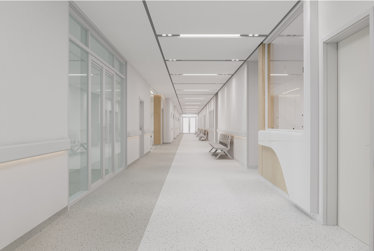Interior visualization of a coordinated hospital corridor