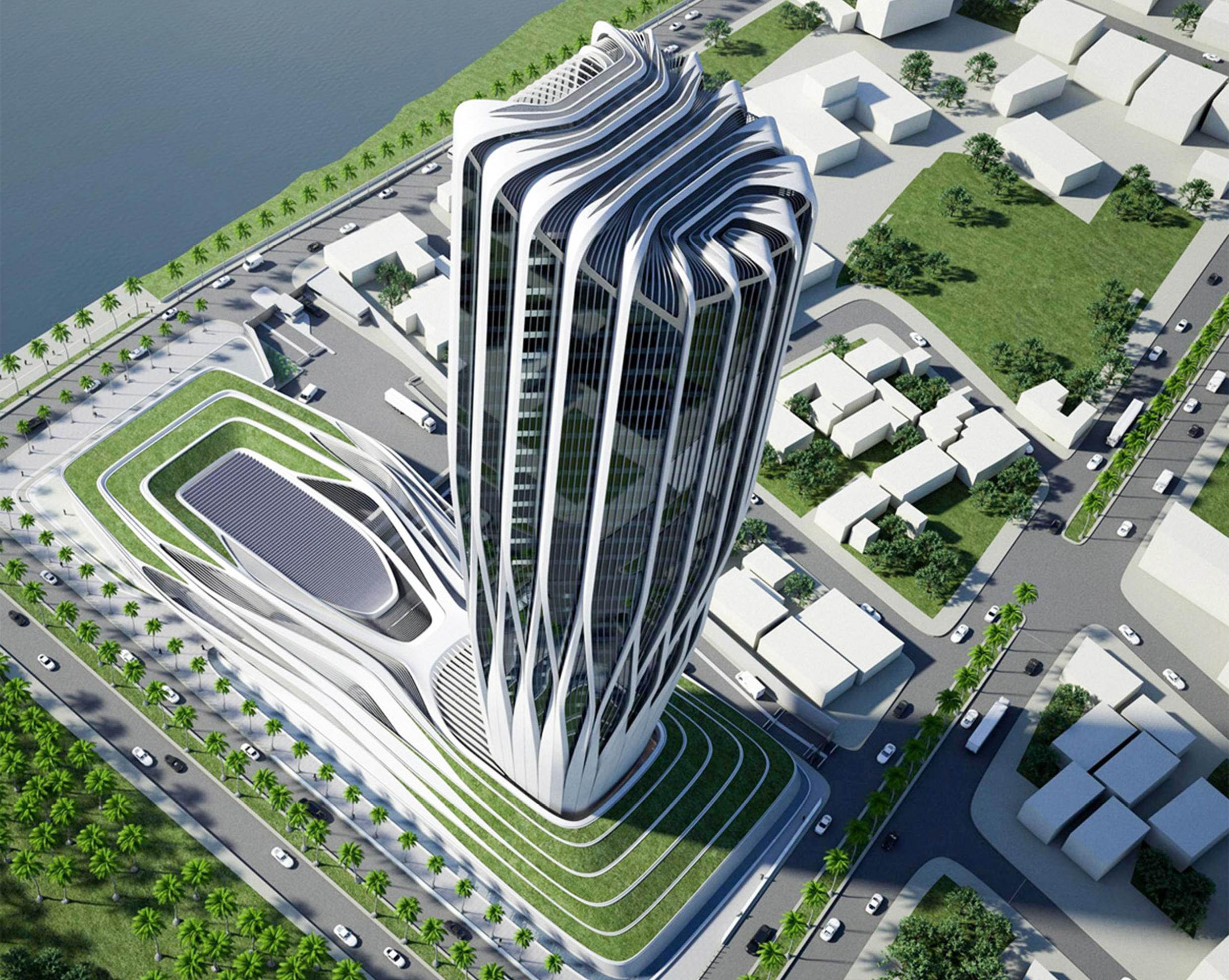 Aerial architectural visualization of the Central Bank of Iraq tower