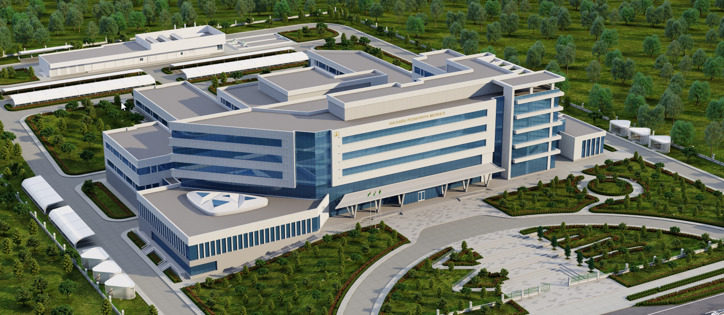 Aerial visualization of the International Pediatric Hospital in Ashgabat
