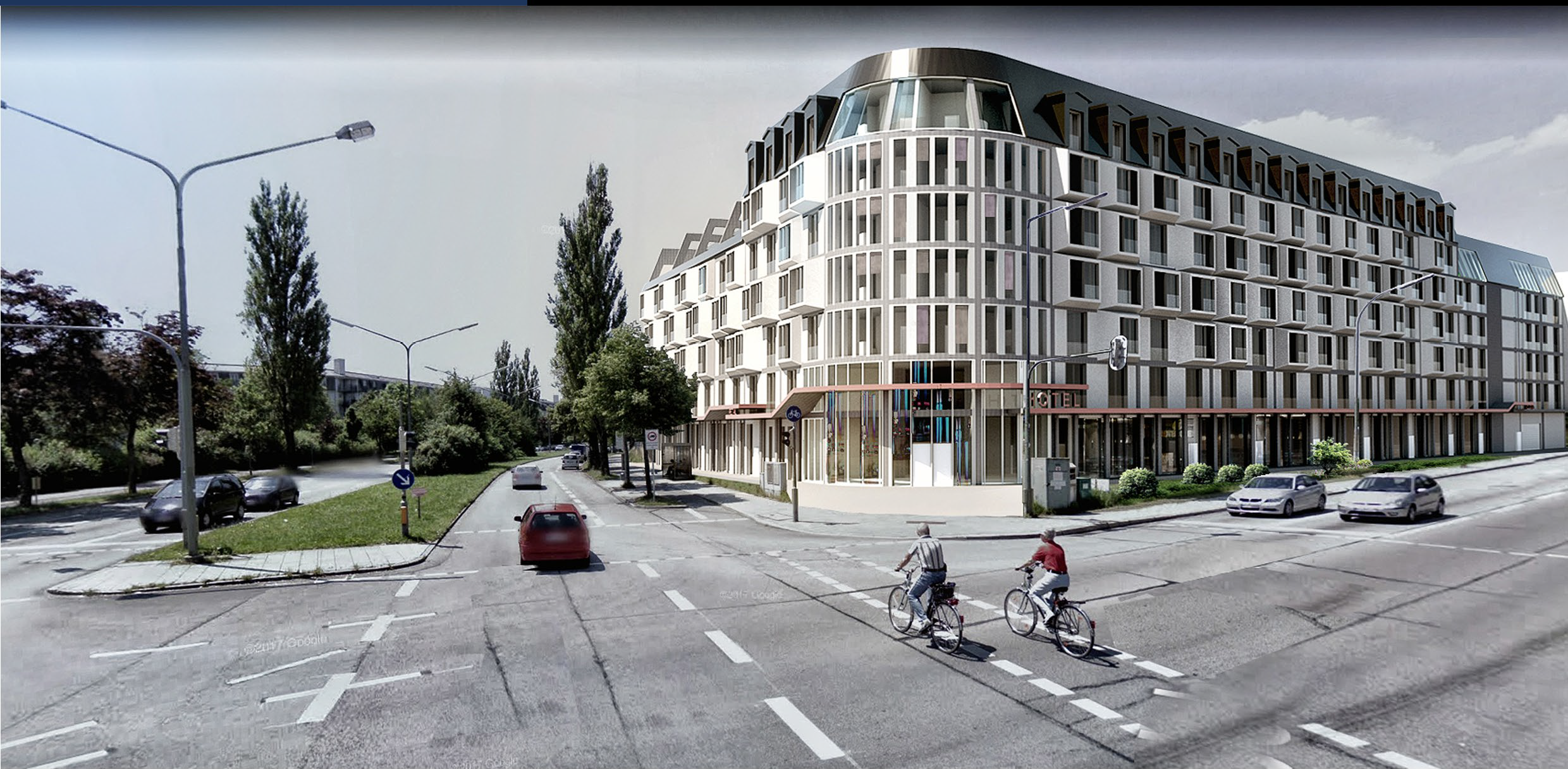 Street-level architectural visualization of a hotel in Munich