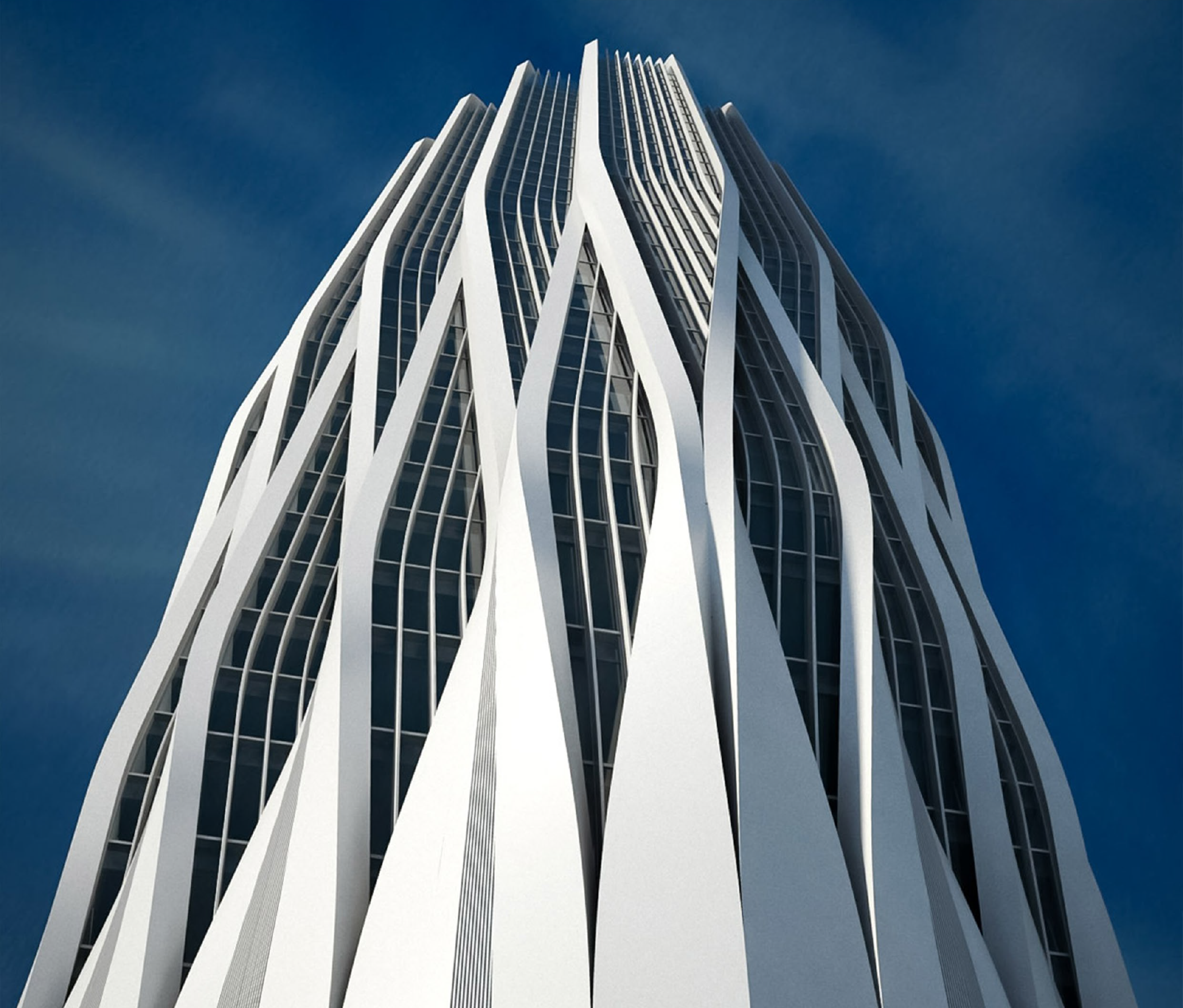 Low-angle architectural visualization of the Central Bank tower façade