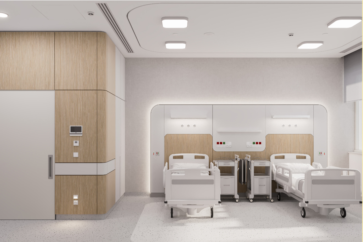 Interior visualization of a coordinated two-bed hospital room